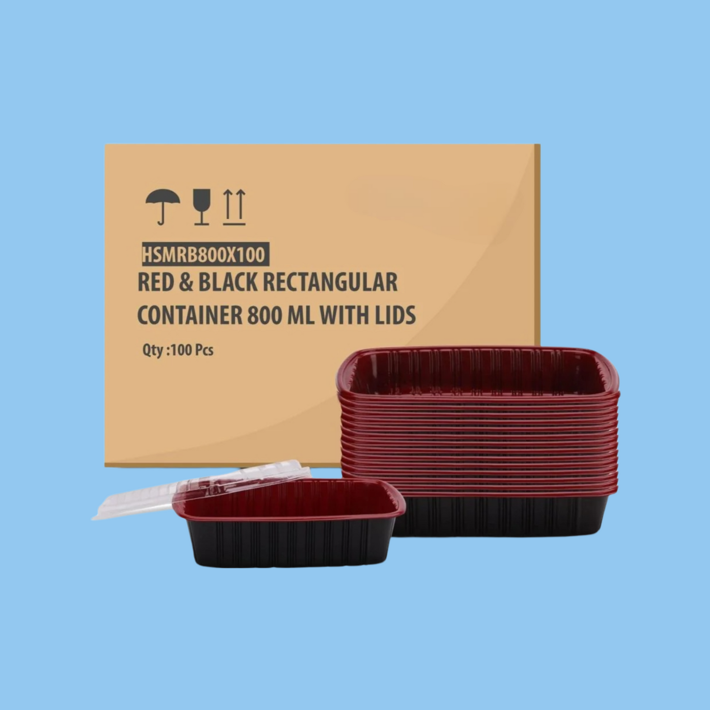 Heena's Haven Red & Black Rectangular Container 800ml With Lid 100 pieces - Heena's Haven