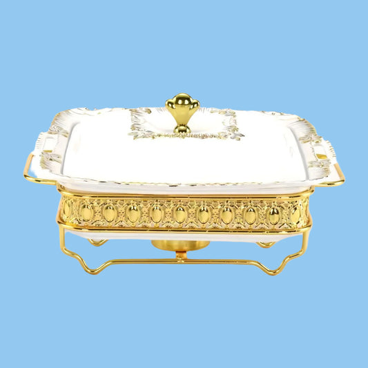 Heena's Haven Ceramic Square Food Warmer with Golden Stainless Steel Stand