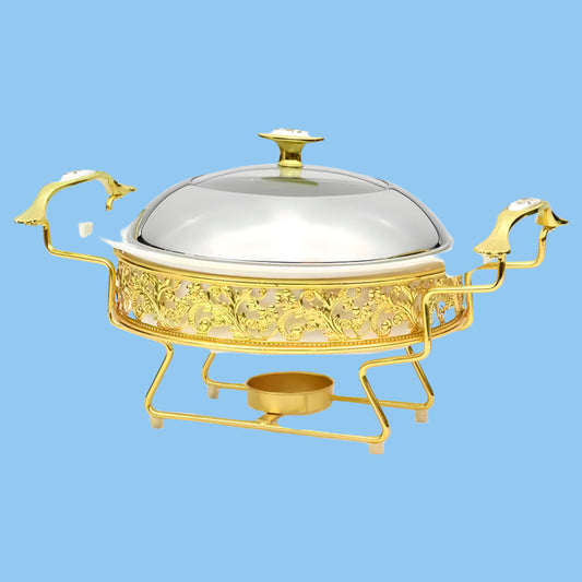Heena's Haven Ceramic Round Food Warmer with Golden Stainless Steel Stand and Lid