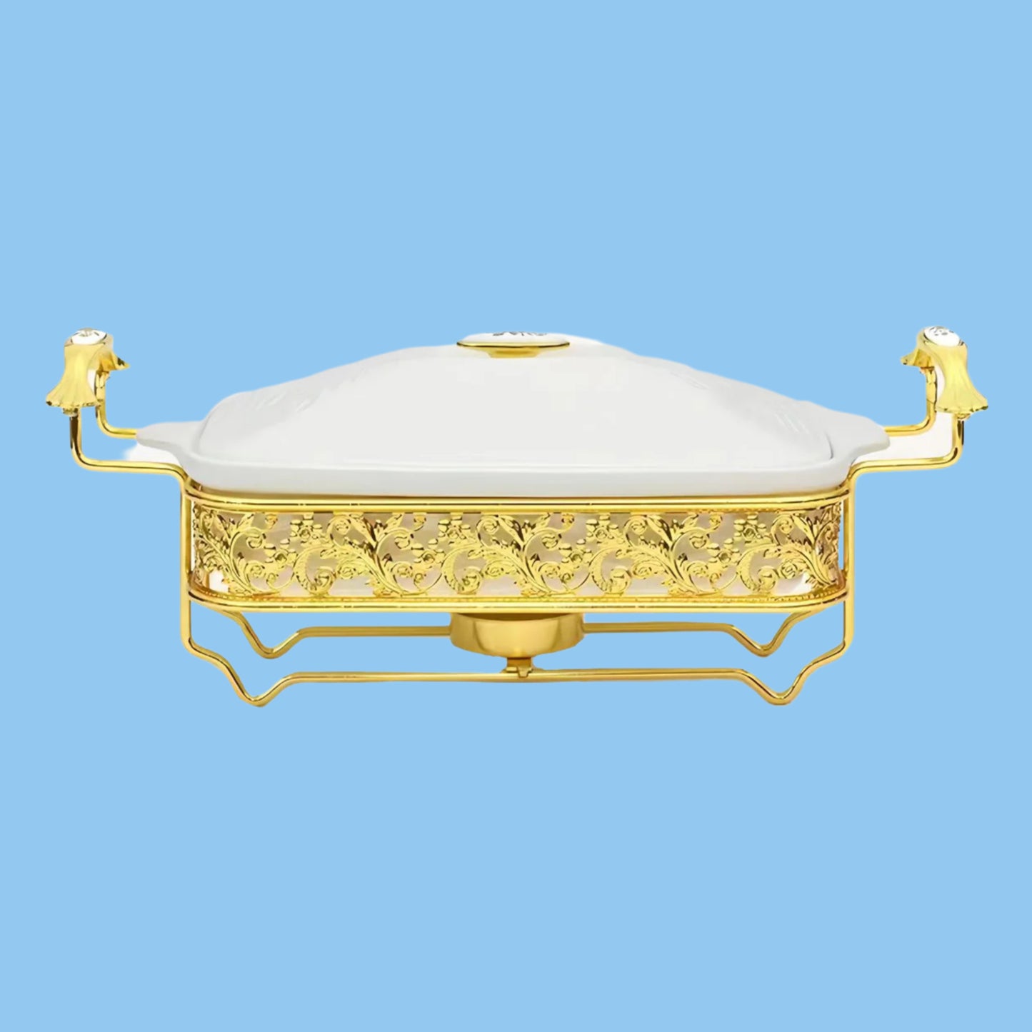 Heena's Haven Ceramic Rectangular Food Warmer with Golden Stainless Steel Stand