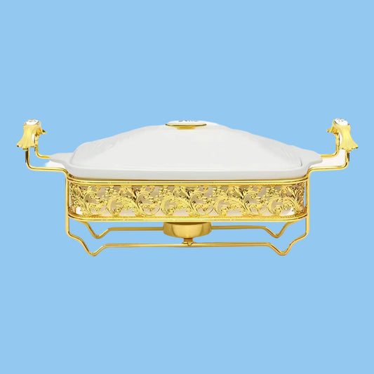 Heena's Haven Ceramic Rectangular Food Warmer with Golden Stainless Steel Stand