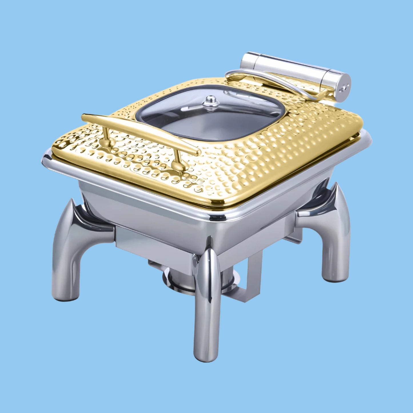 Heena's Haven Stainless Steel Gold Hammered 4 Liter Rectangular 1/2 Chafing dish with glass Lid