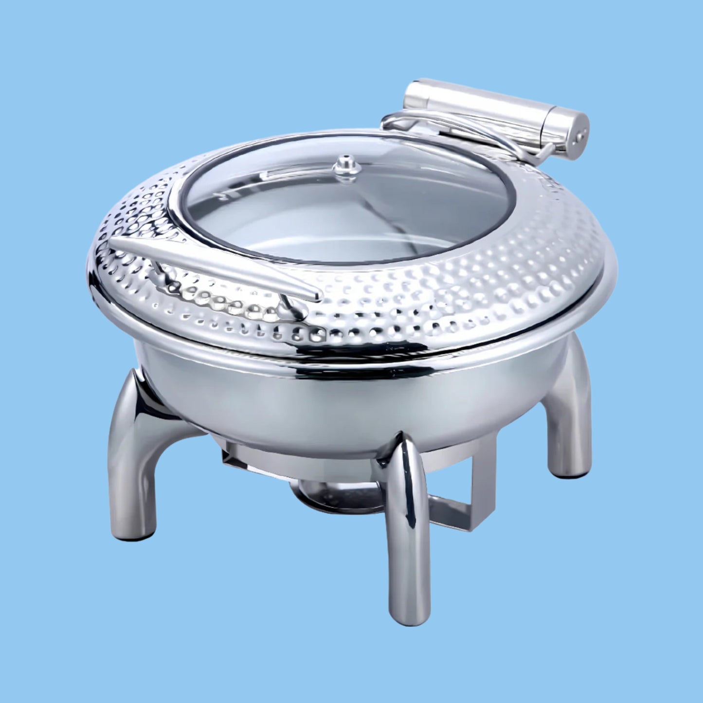 Heena's Haven Stainless Steel Silver Hammered 6 Liter Round Chafing dish with glass Lid