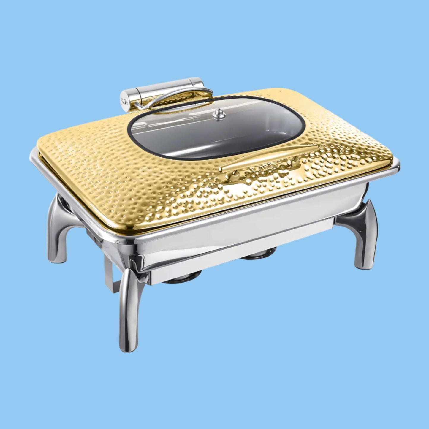 Heena's Haven Stainless Steel Gold Hammered 9 Liter 1/1 Chafing dish with glass Lid