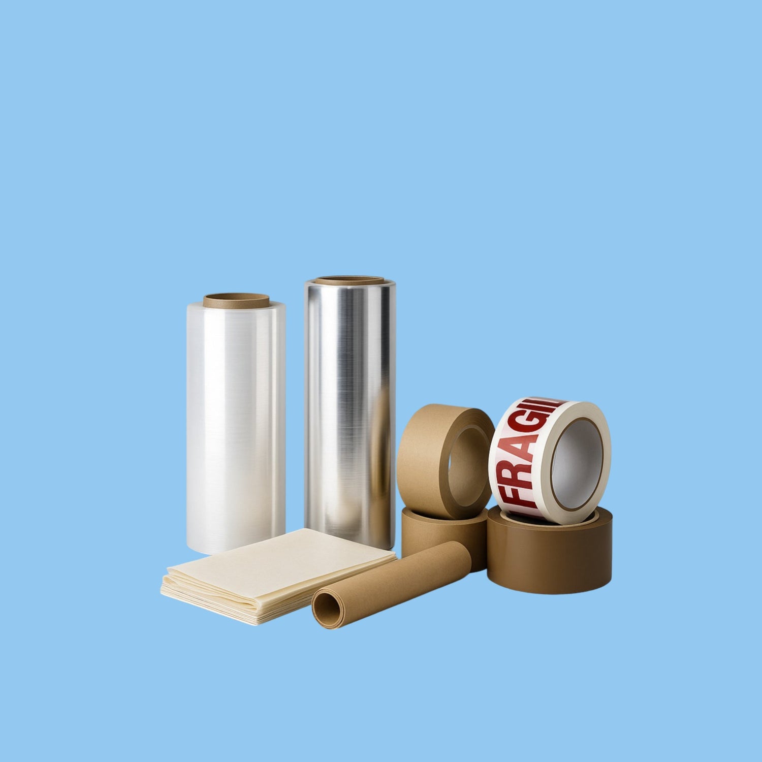 Industrial and food-grade packaging consumables including stretch film, aluminum foil, adhesive tapes, and wrapping paper rolls displayed neatly for B2B and food processing companies in the UAE