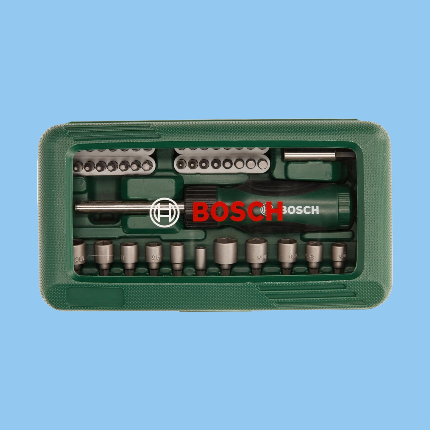 Close-up of Bosch screwdriver bits and nut setters from the 46-piece set.
