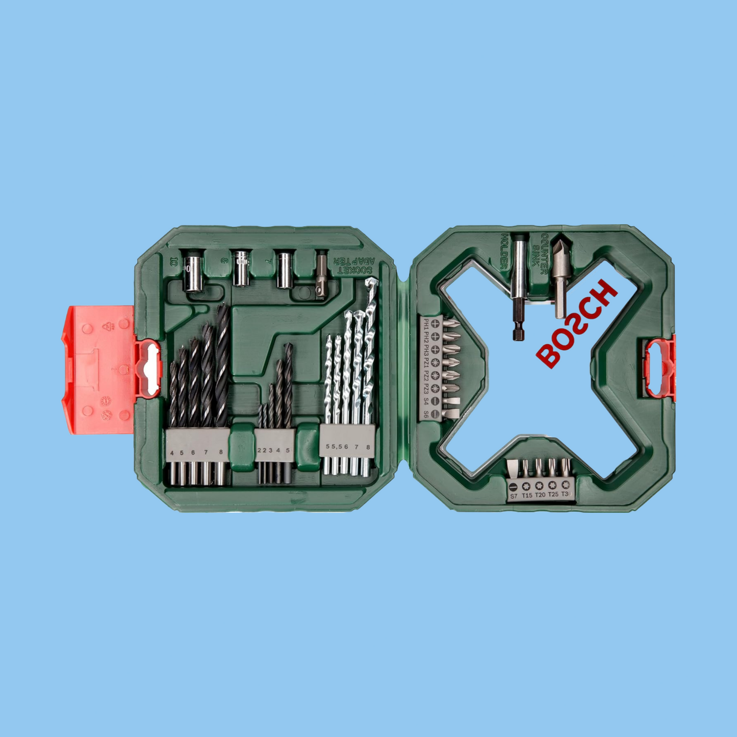 Bosch X-Line drill bits in use on wood and metal surfaces.
