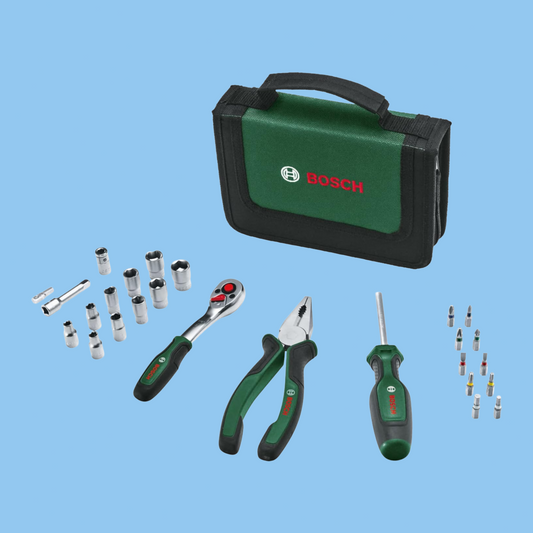 Bosch 26-piece tool set organized in portable case for easy storage.