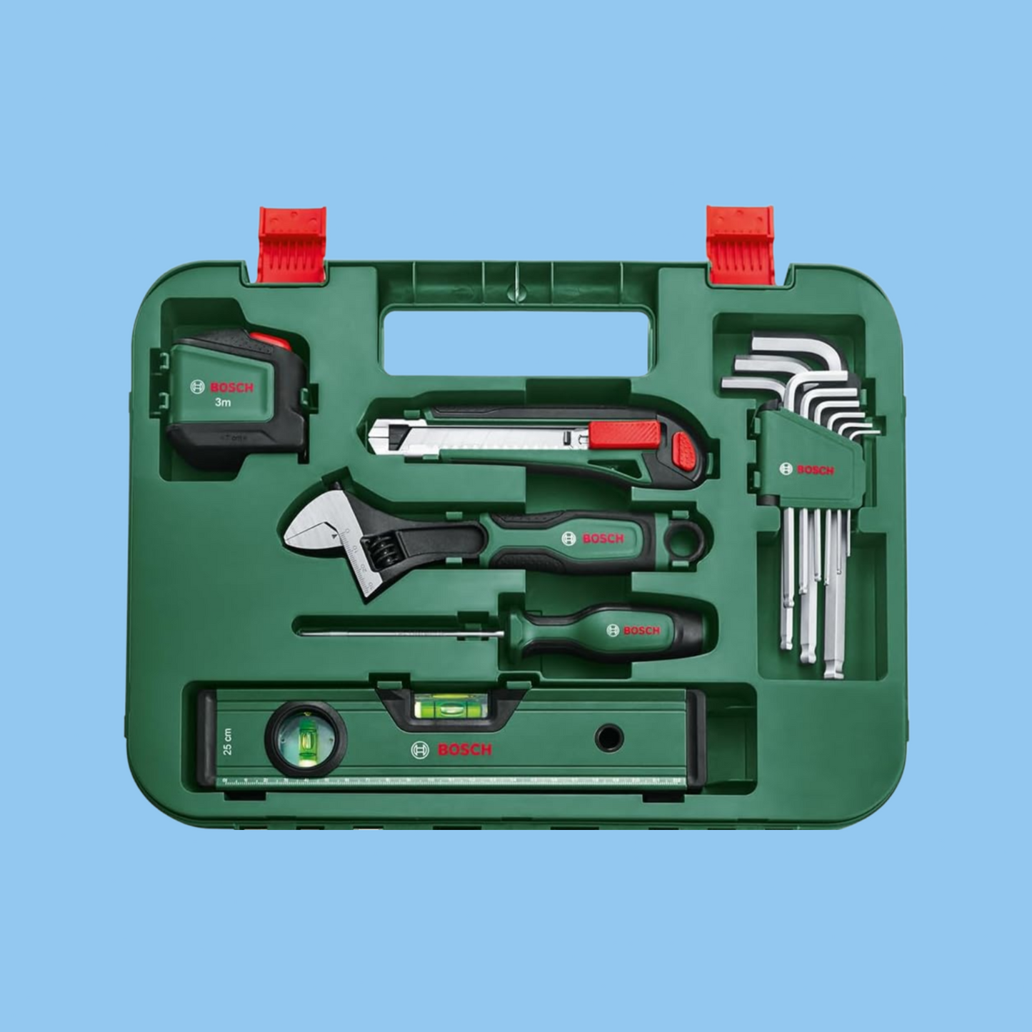 Bosch screwdriver in use from the 52-piece DIY hand tool set.