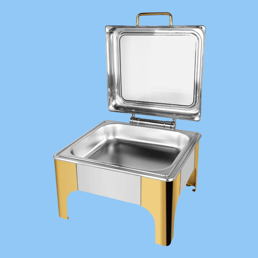 Heena's Haven Stainless Steel Semi Gold 6 Liters 2/3 Square Chafing Dish With Glass Lid