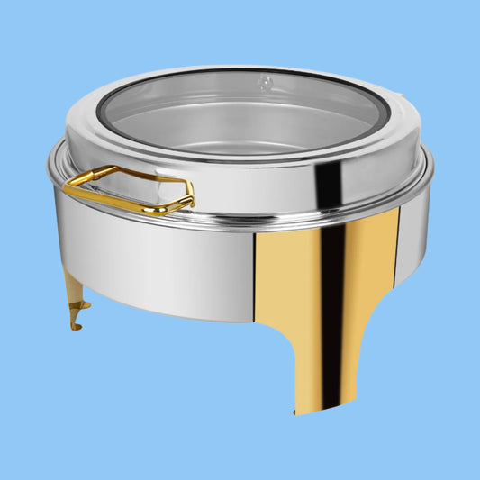 Heena's Haven Stainless Steel Semi Gold 6 Liters Round Chafing Dish With Glass Lid