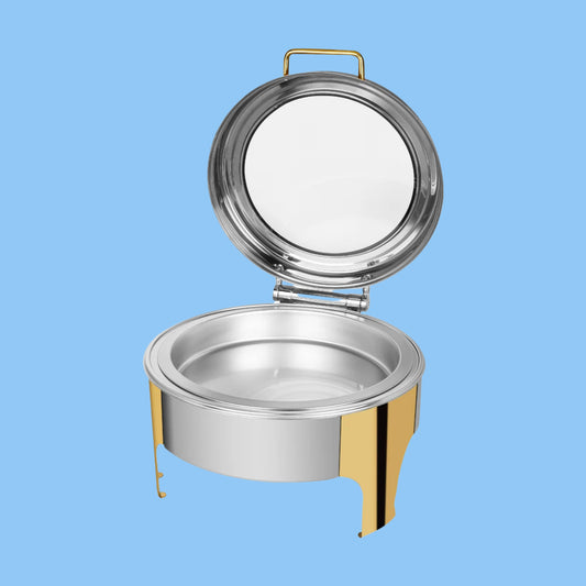 Heena's Haven Stainless Steel Semi Gold 6 Liters Round Chafing Dish With Glass Lid