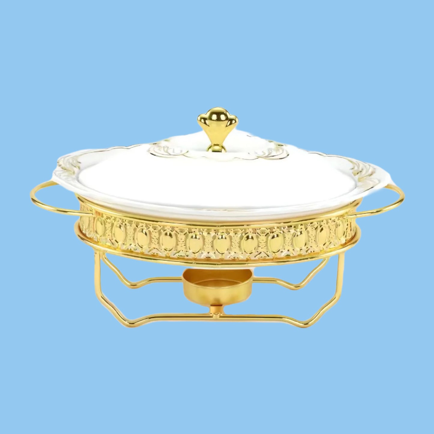 Heena's Haven Ceramic Oval Food Warmer with Golden Stainless Steel Stand