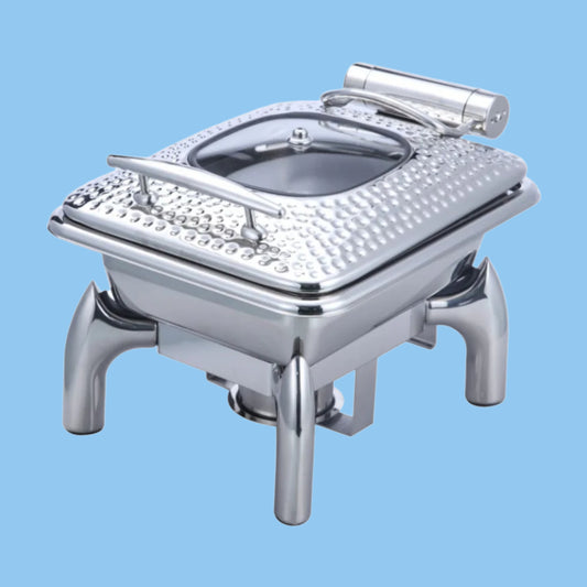 Heena's Haven Stainless Steel Silver Hammered 4 Liter Rectangular 1/2 Chafing dish with glass Lid