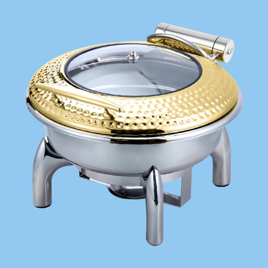 Heena's Haven Stainless Steel Gold Hammered 6 Liter Round Chafing dish with glass Lid