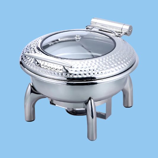 Heena's Haven Stainless Steel Silver Hammered 6 Liter Round Chafing dish with glass Lid