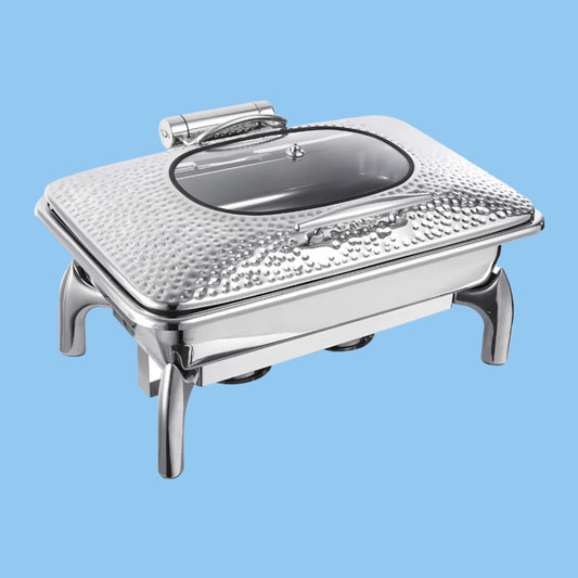 Heena's Haven Stainless Steel Silver Hammered 9 Liter 1/1 Chafing dish with glass Lid
