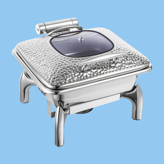 Heena's Haven Stainless Steel Silver Hammered 9 Liter 2/3 Chafing dish with glass Lid