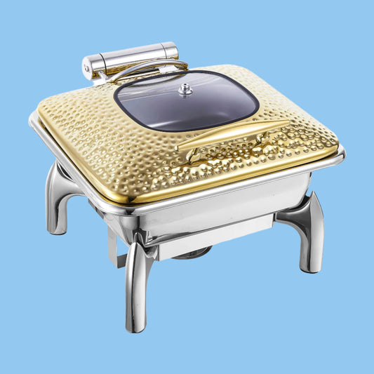 Heena's Haven Stainless Steel Gold Hammered 9 Liter 2/3 Chafing dish with glass Lid