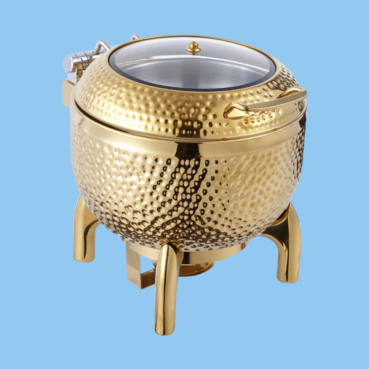 Heena's Haven Stainless Steel Gold Hammered 10 Liter Round Soup Station with Glass Lid
