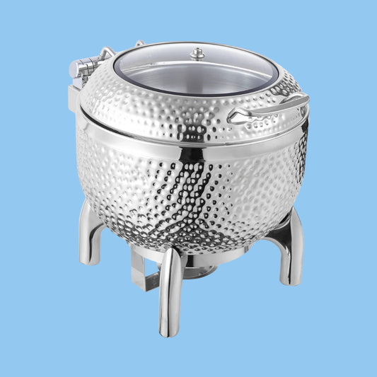 Heena's Haven Stainless Steel Silver Hammered 10 Liter Round Soup Station with Glass Lid