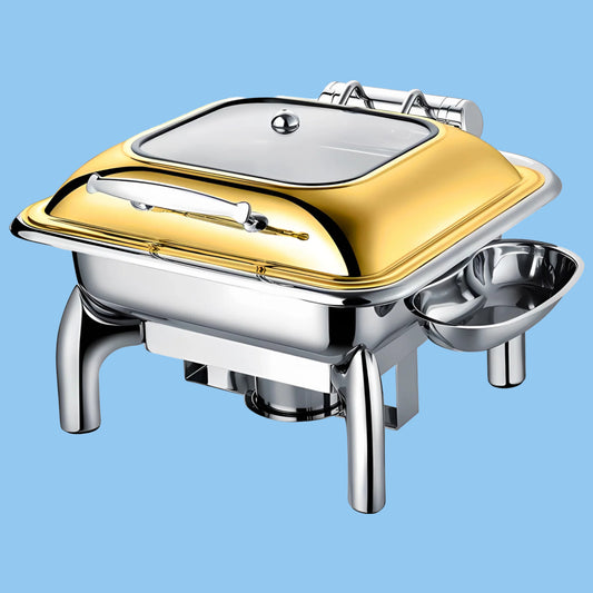 Heena's Haven Stainless Steel Gold Square Chafing Dish with Glass Lid 6L