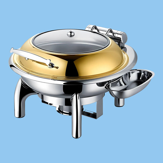 Heena's Haven Stainless Steel Gold Round Chafing Dish with Glass Lid 6L