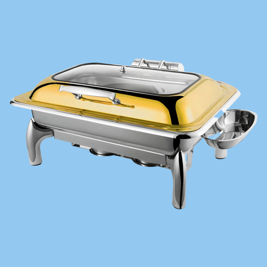Heena's Haven Stainless Steel Gold Rectangle Chafing Dish with Glass Lid 9L