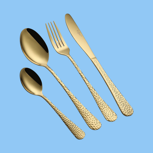 Heena's Haven Stainless Steel 16 Pieces Golden Cutlery Set Hammered Design