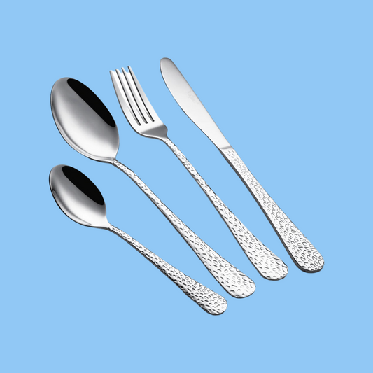 Heena's Haven Stainless Steel 16 Pieces Silver Cutlery Set Hammered Design