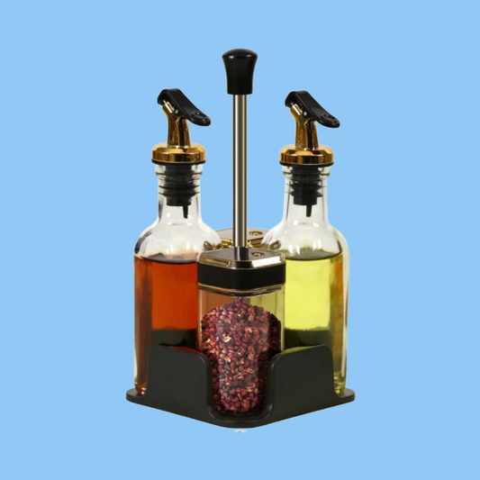 Heena's Haven 5-Piece Glass Condiment Dispenser Set with Metal Pour Spouts and Shaker Lids