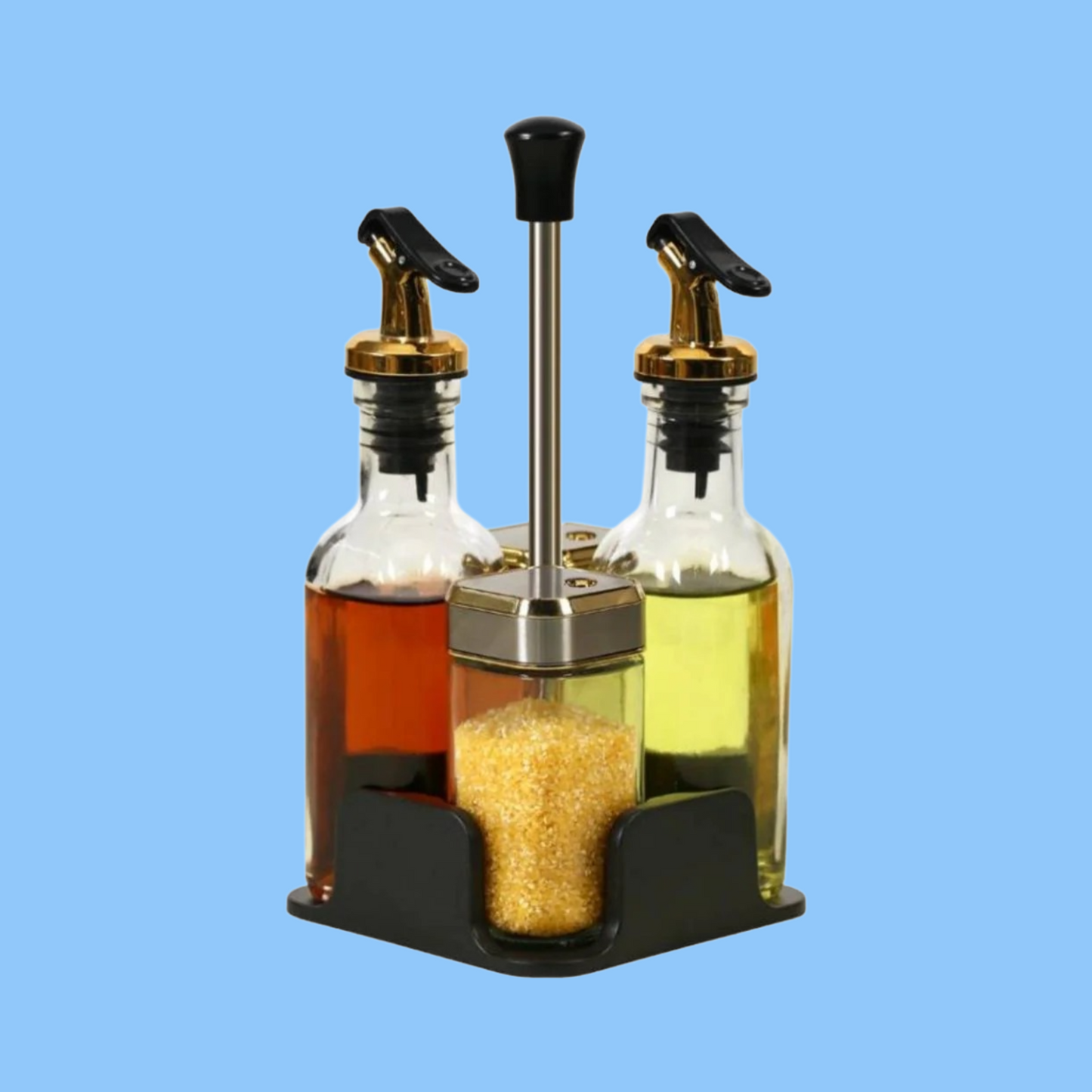 Heena's Haven 5-Piece Glass Condiment Dispenser Set with Metal Pour Spouts and Shaker Lids