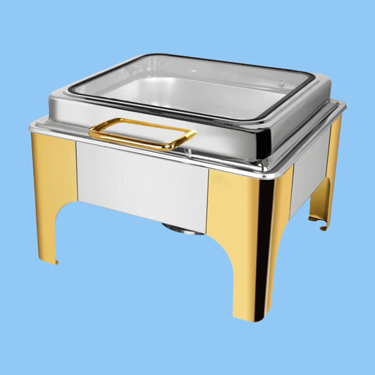 Heena's Haven Stainless Steel Semi Gold 6 Liters 2/3 Square Chafing Dish With Glass Lid