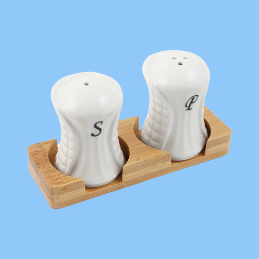 Heena's Haven Porcelain Salt & Pepper Shakers Set with Bamboo Holder