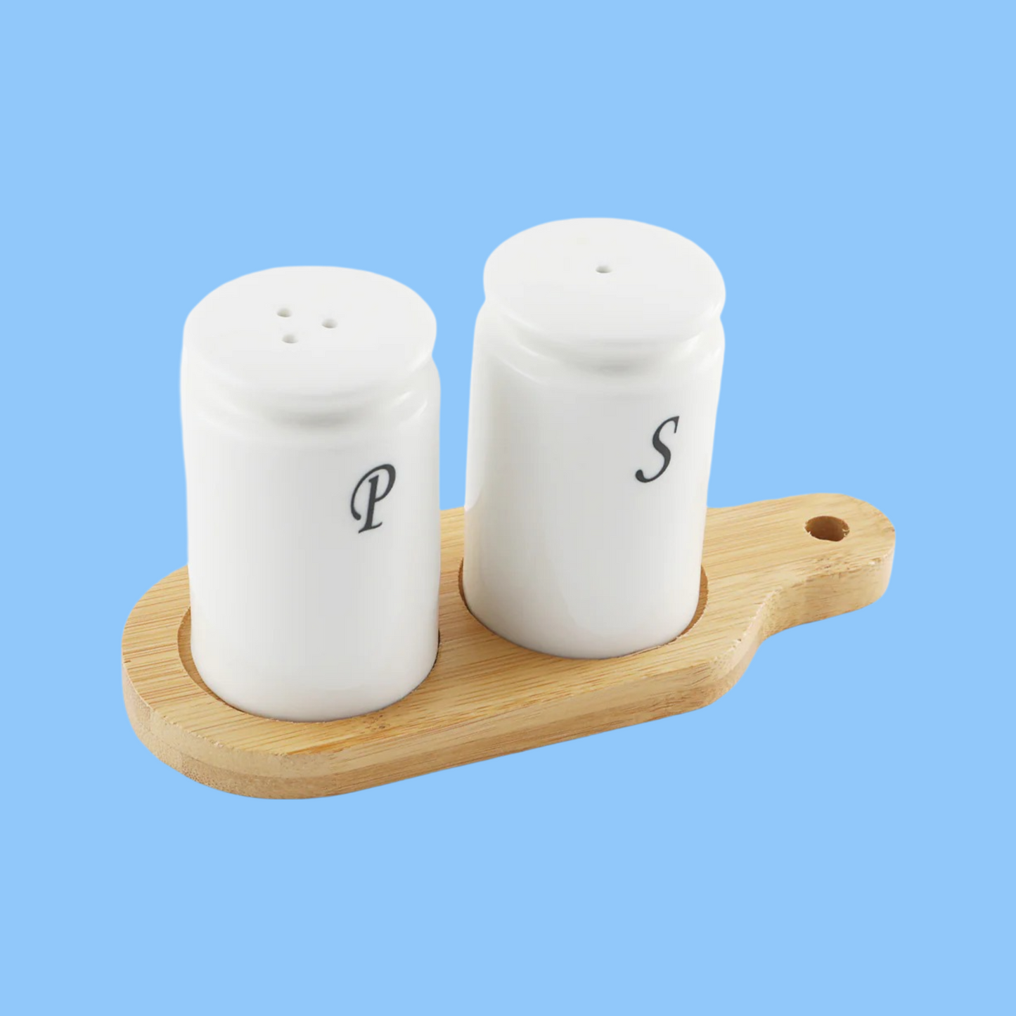 Heena's Haven Porcelain Cylindrical Salt & Pepper Shakers Set with Bamboo Base
