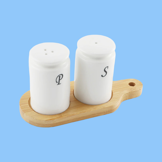 Heena's Haven Porcelain Cylindrical Salt & Pepper Shakers Set with Bamboo Base