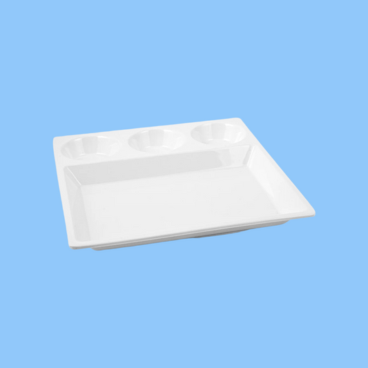 Heena's Haven Melamine Square Divided Platter with 3 Round Sauce Compartment 29 cm