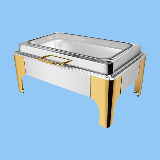 Heena's Haven Stainless Steel Semi Gold 9 Liters 1/1 Rectangular Chafing Dish With Glass Lid