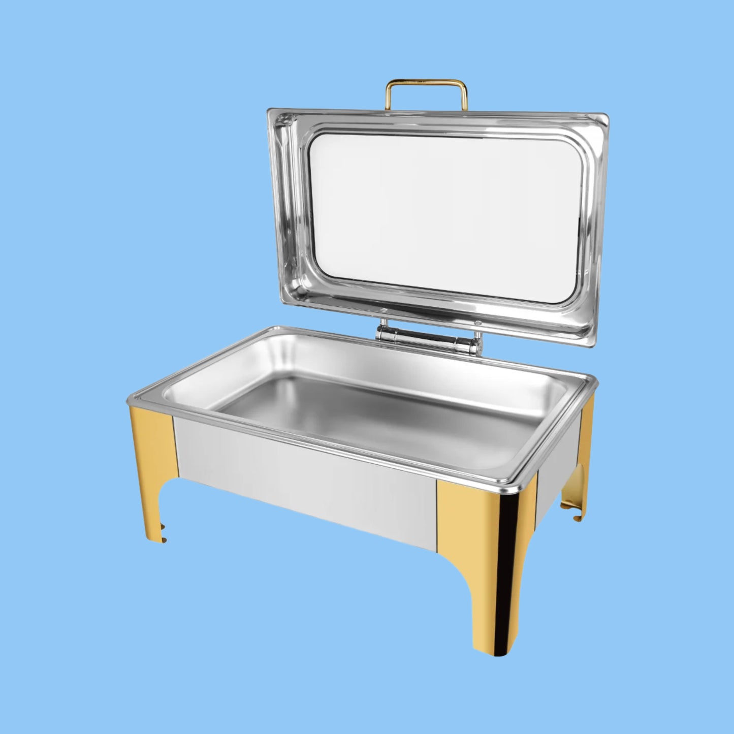 Heena's Haven Stainless Steel Semi Gold 9 Liters 1/1 Rectangular Chafing Dish With Glass Lid