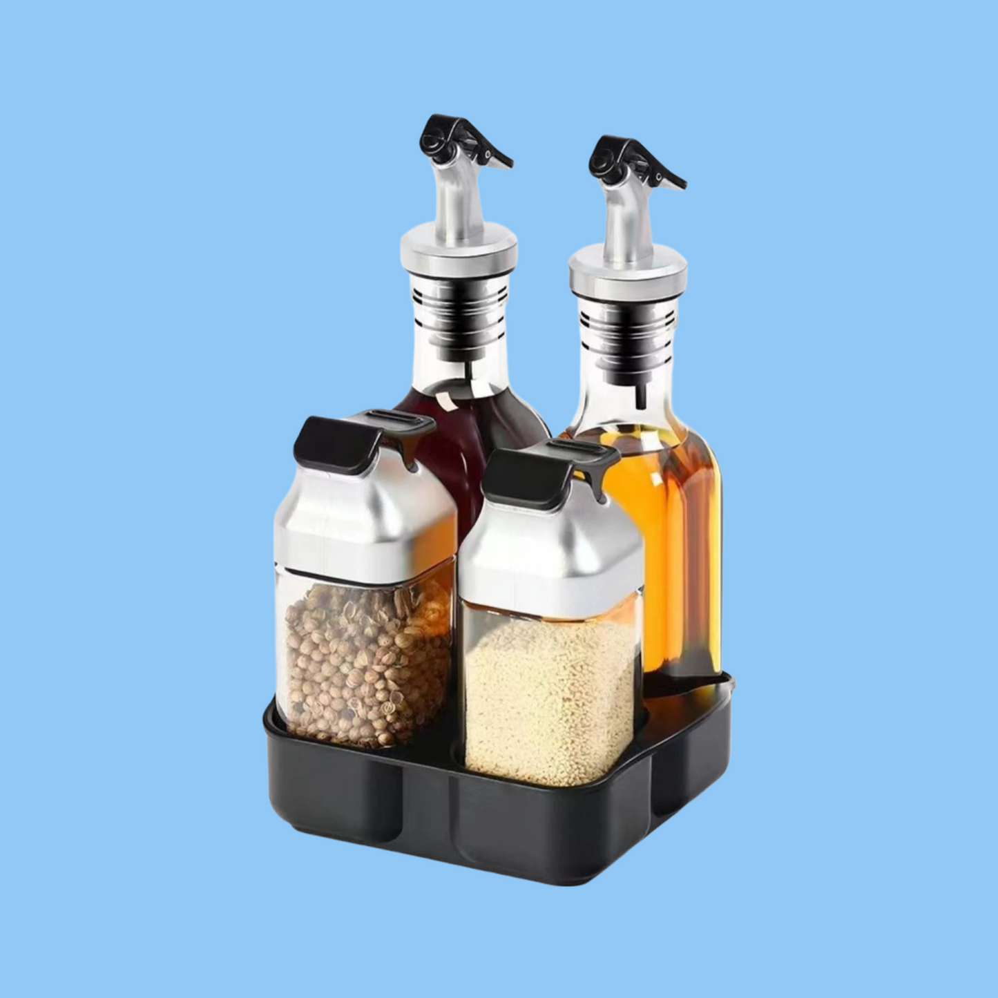 Heena's Haven 5-Piece Glass Condiment Dispenser Set with Metal Pour Spouts and Shaker Lids